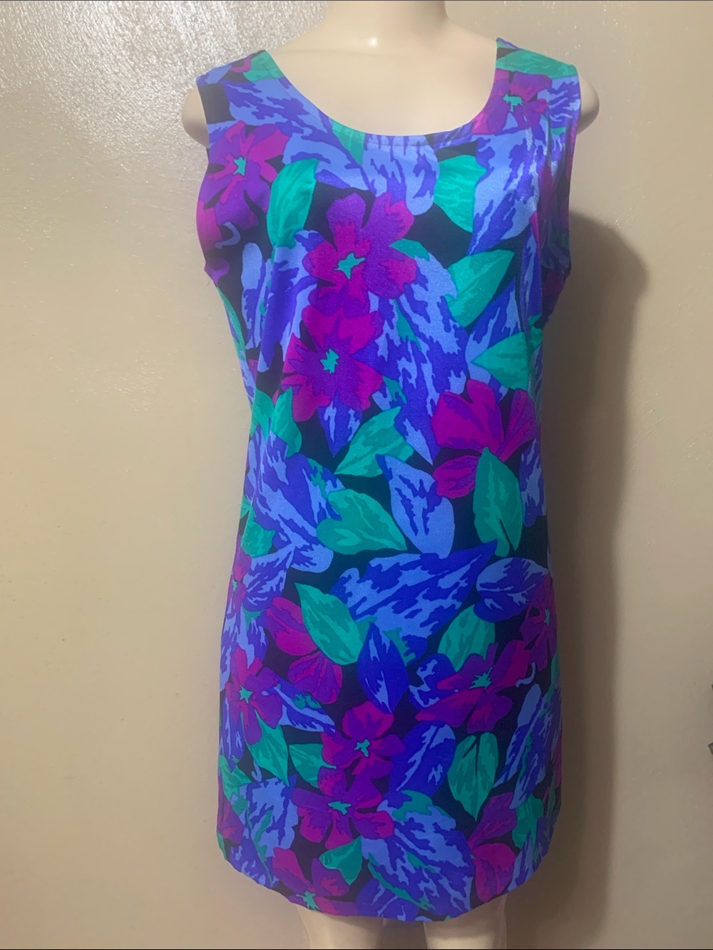 Megs size S Floral Sleeveless Shift Dress — Stretchy Violet & Teal and Green
